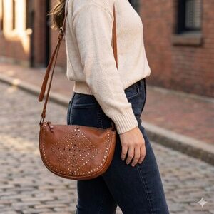 ASHWOOD Genuine Leather Cognac Studded Crossbody Bag Adjustable Strap